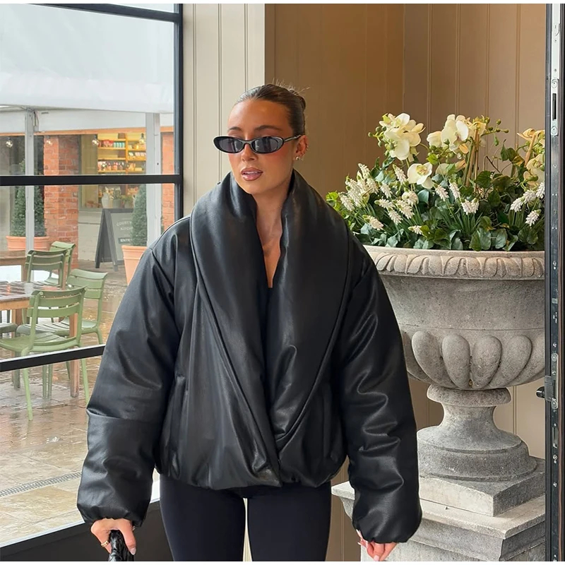 Oversized Faux Leather Puffer Jacket
