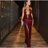 Burgundy Vinyl Plunge Maxi Dress