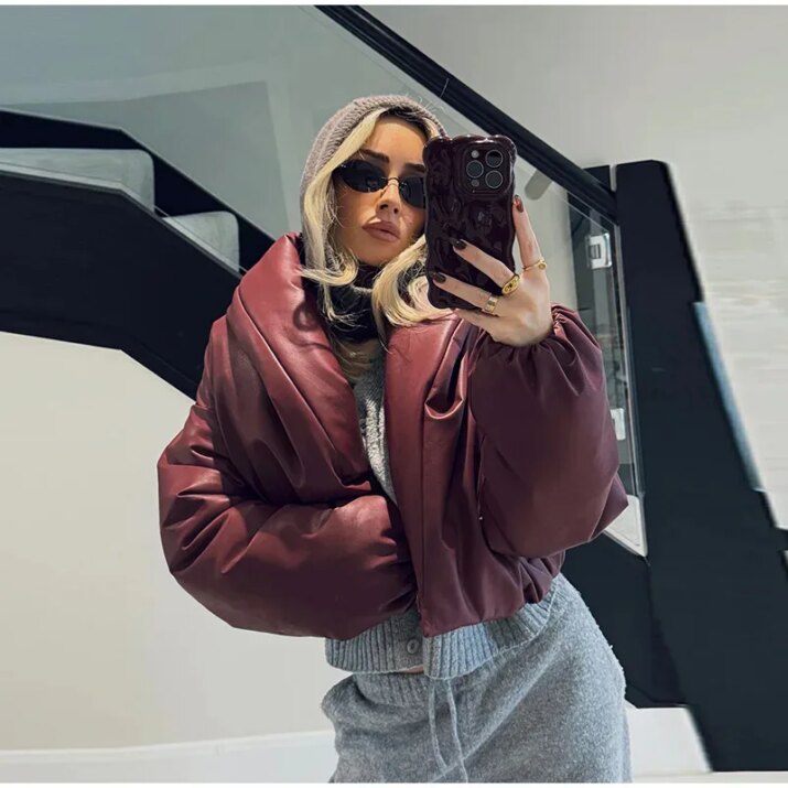 Oversized Faux Leather Puffer Jacket