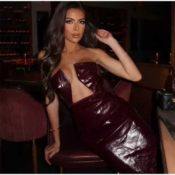 Alternative view of Burgundy Vinyl Plunge Maxi Dress