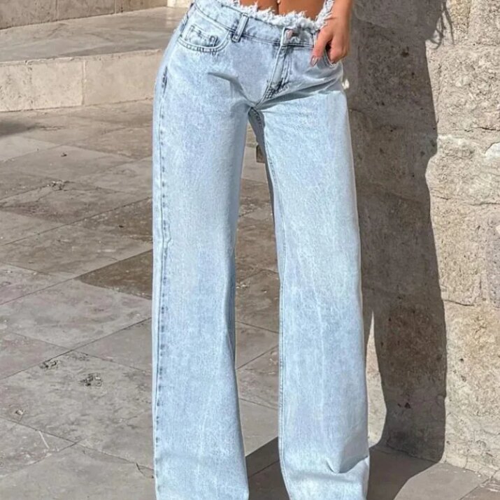 Frayed Waist Wide-Leg Jeans