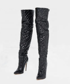 Black Vinyl Padded Thigh High Boots