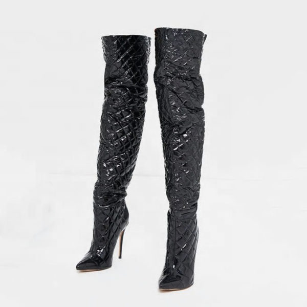 Black Vinyl Padded Thigh High Boots