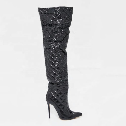 Black Vinyl Padded Thigh High Boots