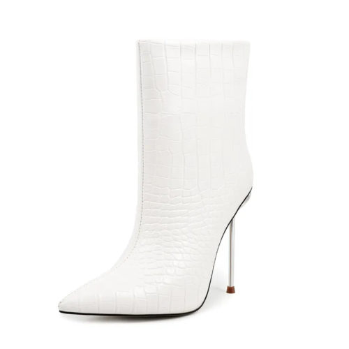 Pointed Toe Croc Ankle Boots in white