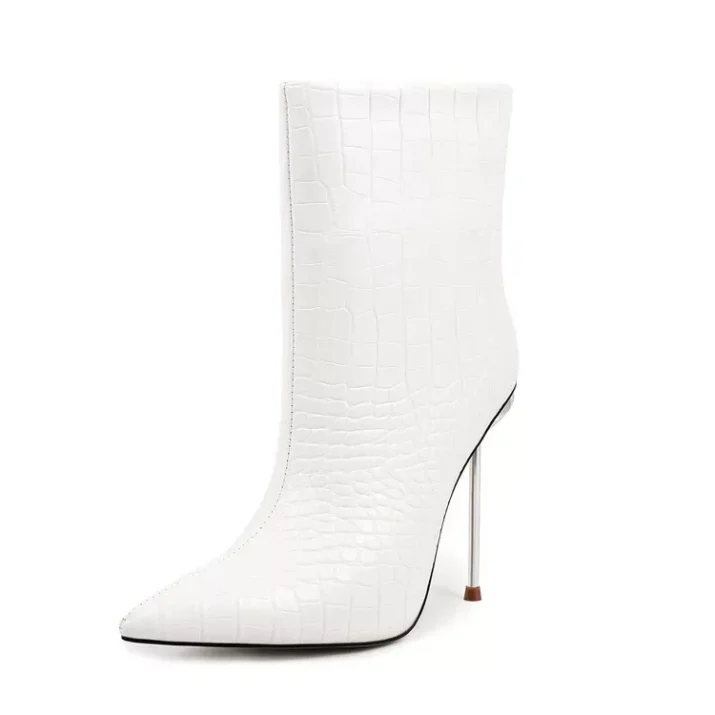 Pointed Toe Croc Ankle Boots in white