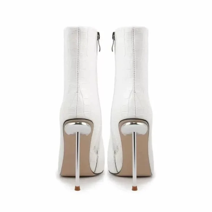 Pointed Toe Croc Ankle Boots in white