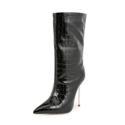 Pointed Toe Croc Ankle Boots in black