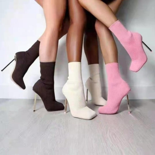 Styling High Heels - Square Toe Knitting Ankle Sock Boots