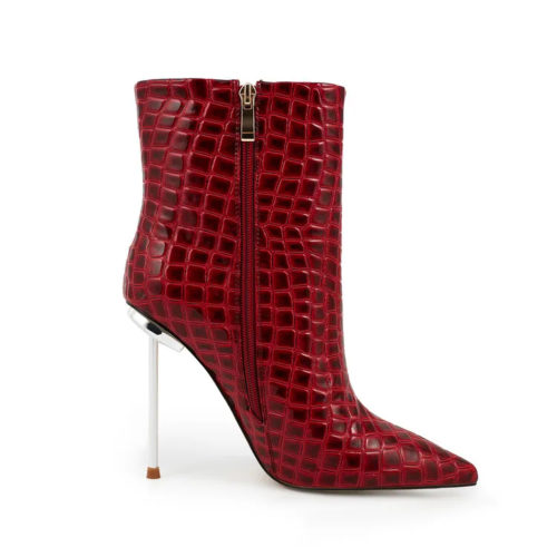 Pointed Toe Croc Ankle Boots in red