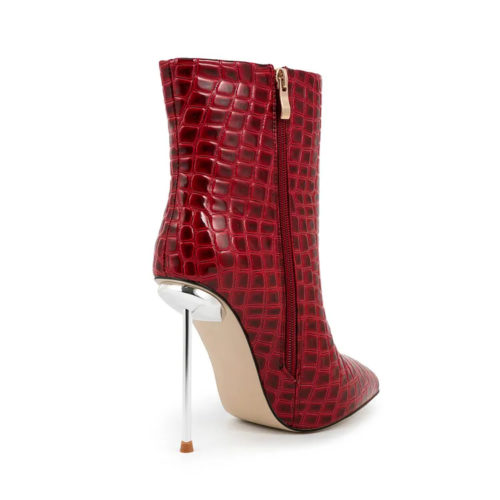 Pointed Toe Croc Ankle Boots in red