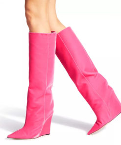 Velvet pink Knee-High Wedge-Heel Boots