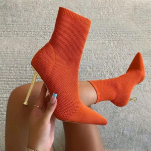 Pointed Toe Metallic Heel Sock Orange Boot