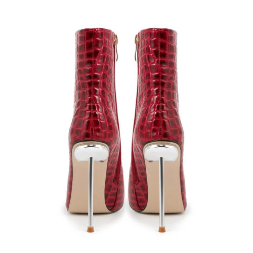 Pointed Toe Croc Ankle Boots in red