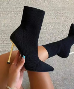 Pointed Toe Metallic Heel Sock Black Boot