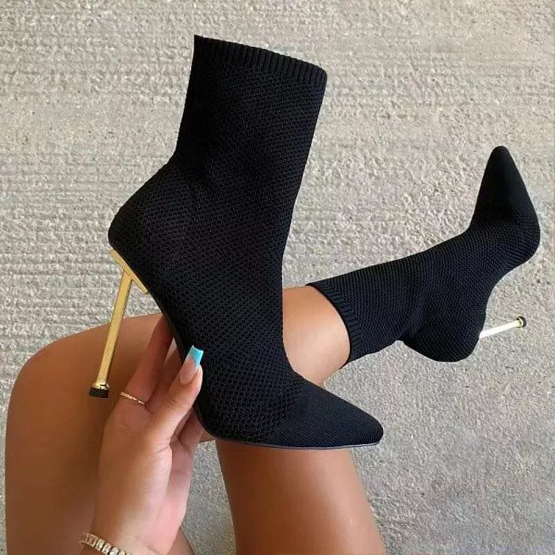 Styling High Heels - Pointed Toe Metallic Heel Sock Black Boot