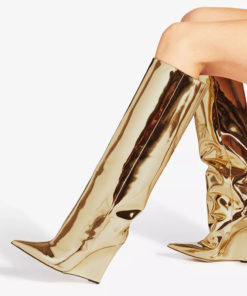 golden Knee-High Wedge-Heel Boots