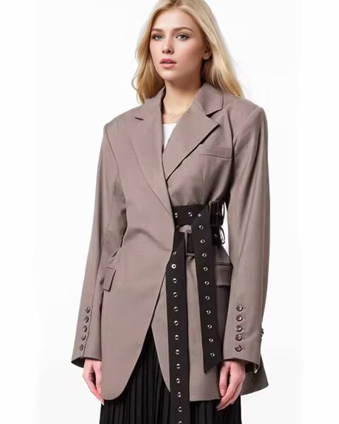 Studded Belted Blazer Jacket in Brown Beniz Kloset