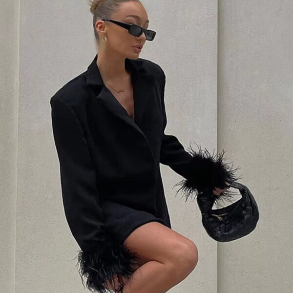 Black Feather Trim Blazer Dress
