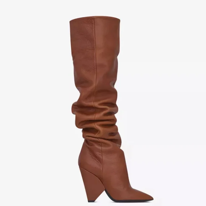 Leather Pleated Conical Heel Over The Knee Boots