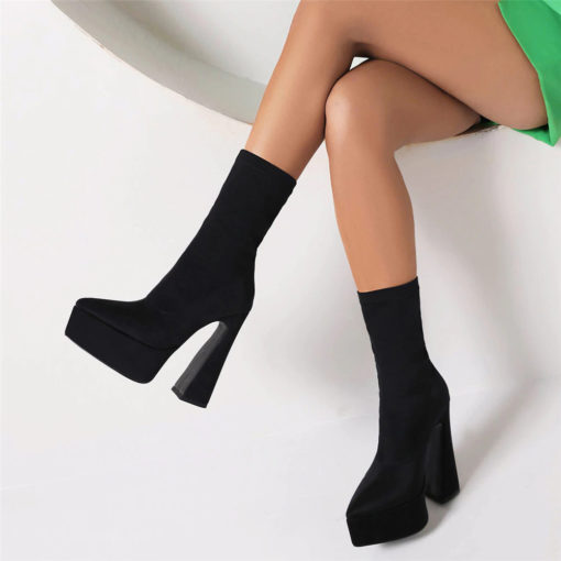 Platform Pointed Toe Flare High Heel Ankle Boots