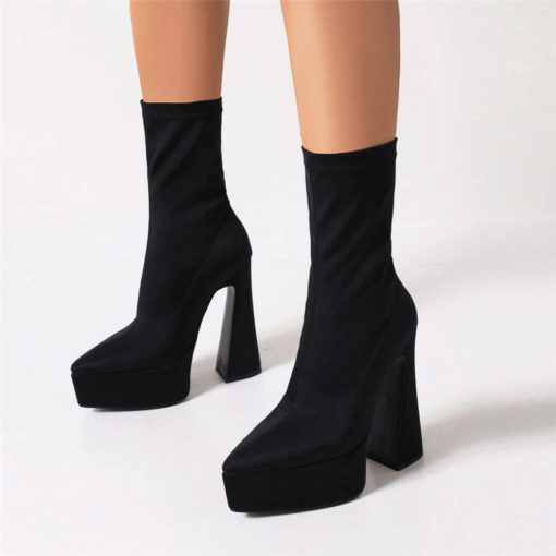 Platform Pointed Toe Flare High Heel Ankle Boots