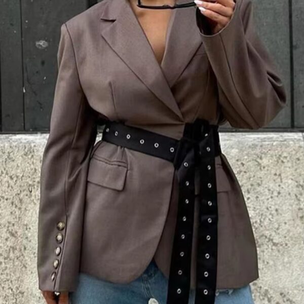 Studded Belted Blazer Jacket in Brown Beniz Kloset
