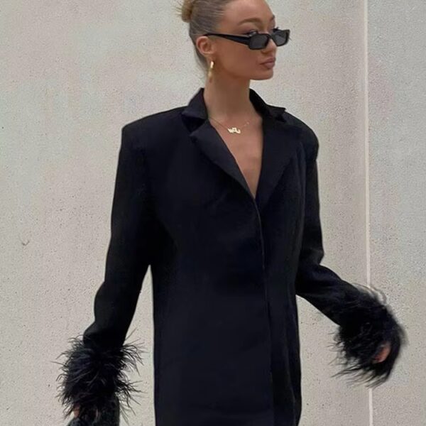 Black Feather Trim Blazer Dress