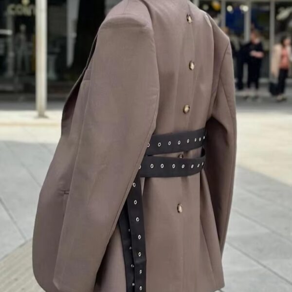Studded Belted Blazer Jacket in Brown Beniz Kloset