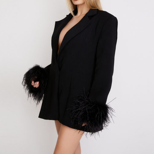 Black Feather Trim Blazer Dress