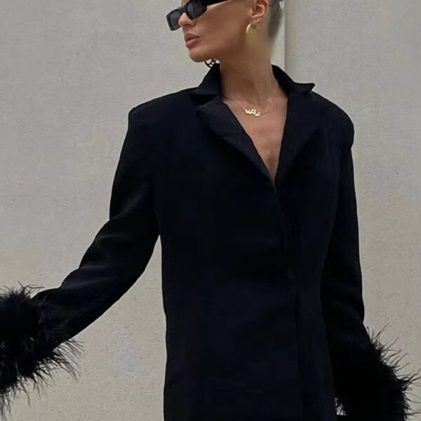 Black Feather Trim Blazer Dress