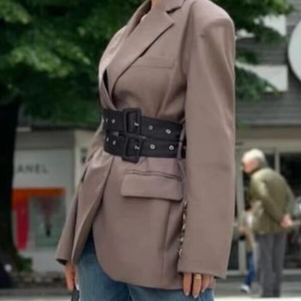 Studded Belted Blazer Jacket in Brown Beniz Kloset