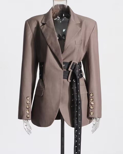 Studded Belted Blazer Jacket in Brown Beniz Kloset