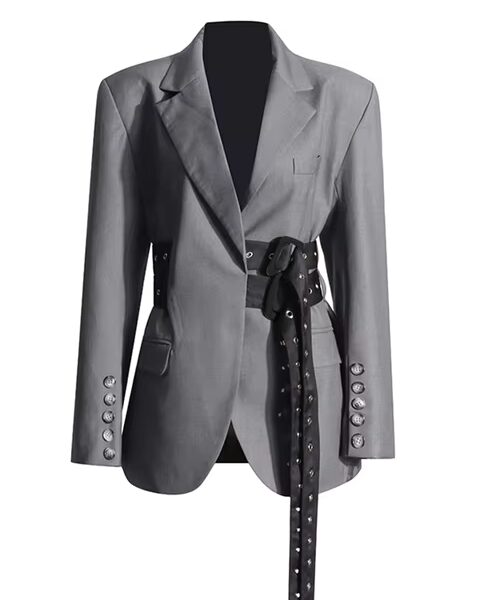 Studded Belted Blazer Jacket in gray Beniz Kloset