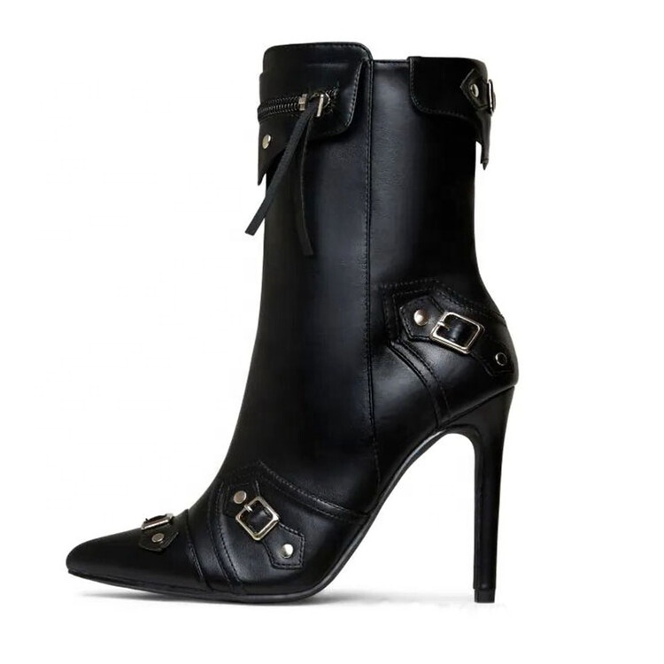 Pointed Toe Side Zipper Buckled Ankle Boots