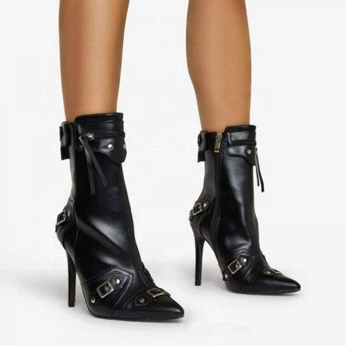 Pointed Toe Side Zipper Buckled Ankle Boots