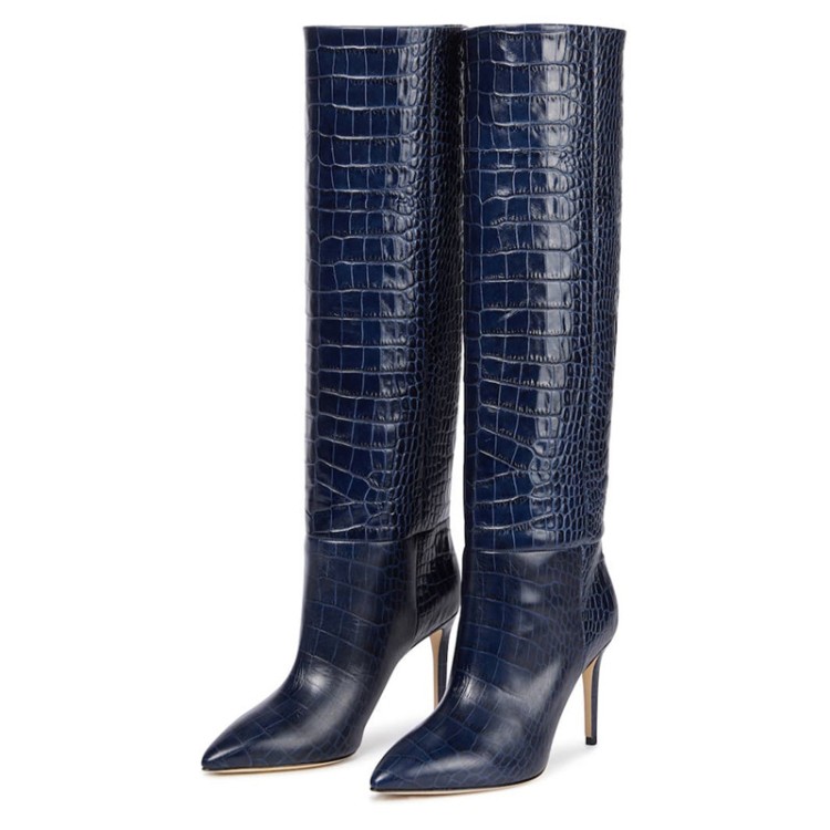 Pointy Toe Crocodile Knee High Heeled Boots