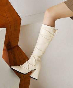 Strapped Square Toe Block Heels Knee High Boots