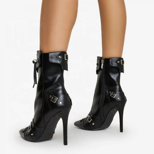 Pointed Toe Side Zipper Buckled Ankle Boots