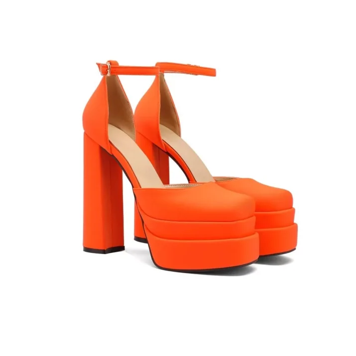 Block Heel Ankle Pumps in Orange