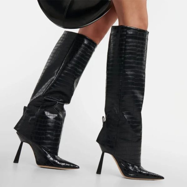 Pointed Leather Knee Boots