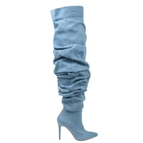 Wrinkle Denim Over Knee Boots