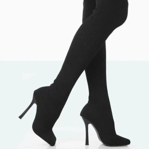 Square Toe Knitted Thigh-High Boots