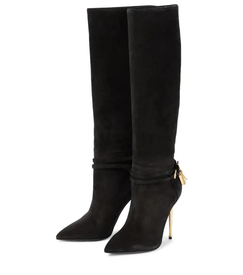 Black Pointed Toe Suede Knee-High Boots