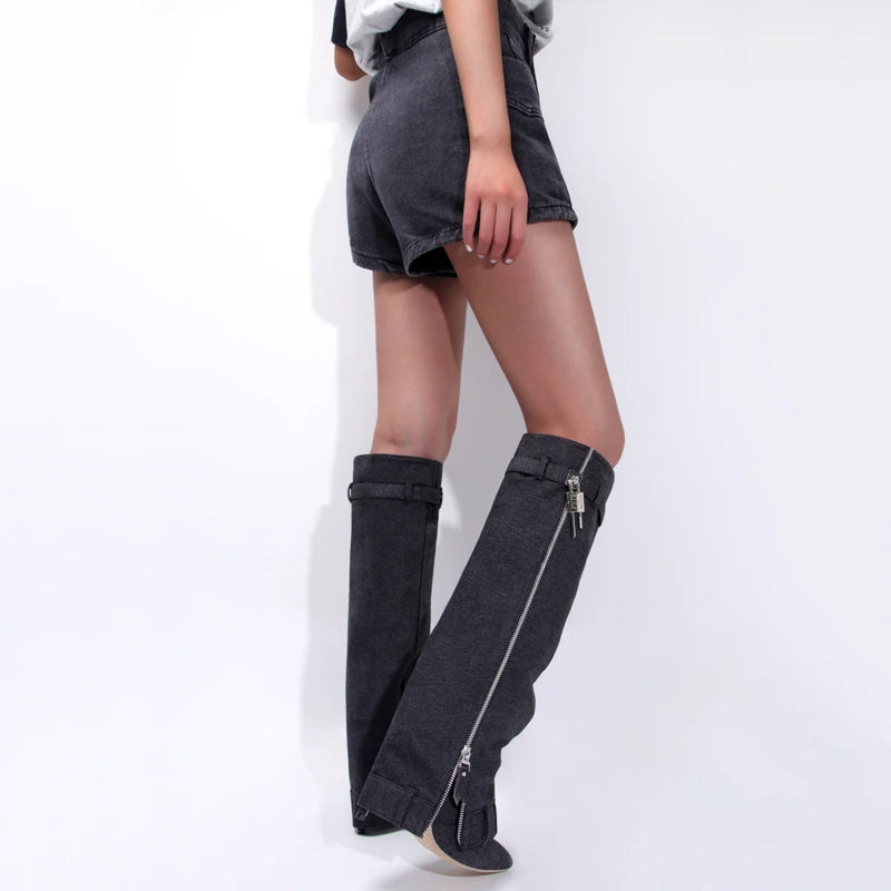 Denim Knee High Lock Boots