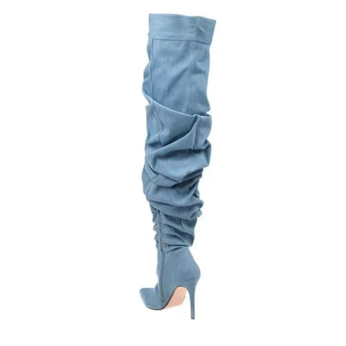 Wrinkle Denim Over Knee Boots