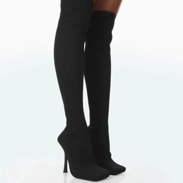 Square Toe Knitted Thigh-High Boots