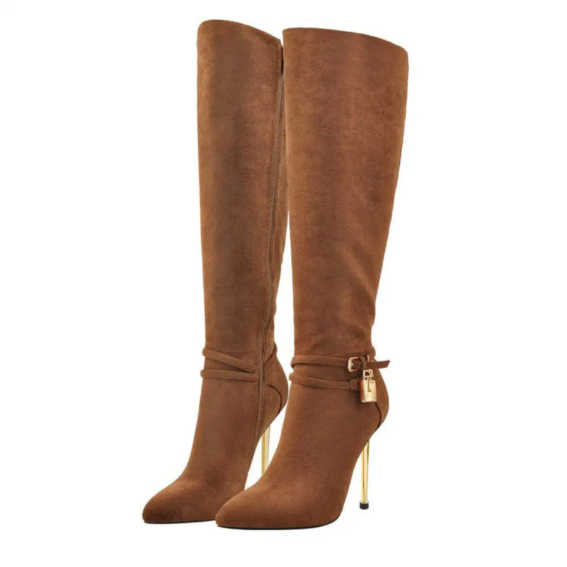 Brown Pointed Toe Suede Knee-High Boots