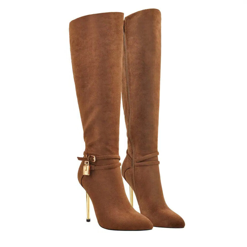 Brown Pointed Toe Suede Knee-High Boots