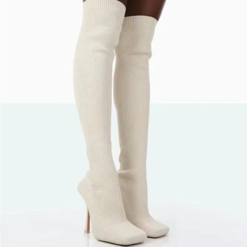 Square Toe Knitted Thigh-High Boots